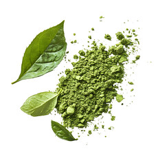 Vibrant green matcha powder and fresh tea leaves on a dark background