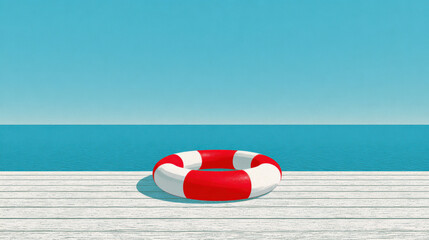 Naklejka premium Marine Lifesaver on an Old Wooden Pier Facing Calm Waters and a Vibrant Sunset Sky