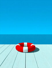Naklejka premium Minimalist Illustration of Lifebuoy on Old Wooden Pier Facing the Open Ocean under a Warm Sunset Sky