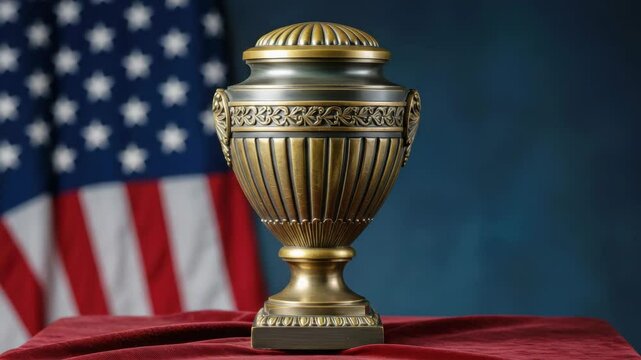 Decorative urn with American flag background. Ornate urn sits on red velvet. This elegant urn is perfect for memorial services or remembrance displays.  Use this image for funeral home websites or sym