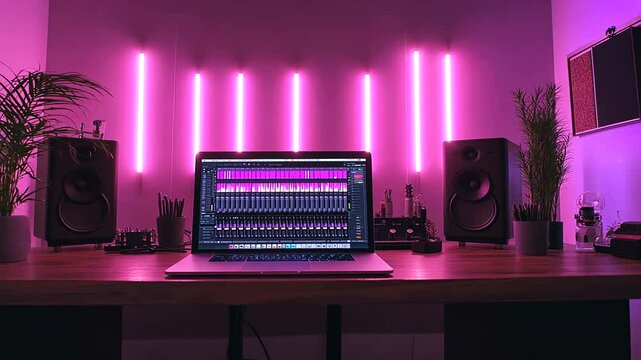 Modern Workspace with Neon Lights and Technology