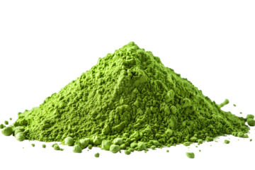 Vibrant green matcha powder pile on black background representing health benefits