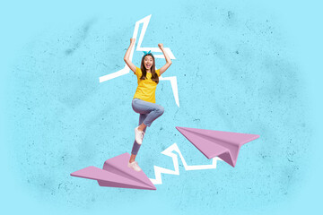 Full pop poster sketch art collage of happy businessman businesswoman fly paper plane development...