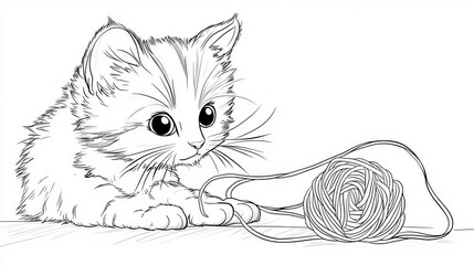 sketch of a kitten playing knitting ball