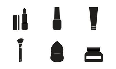 Makeup Products Silhouettes, Beauty and Glamour Icons Collection Set, Cosmetic Products Icon Set on a White Background