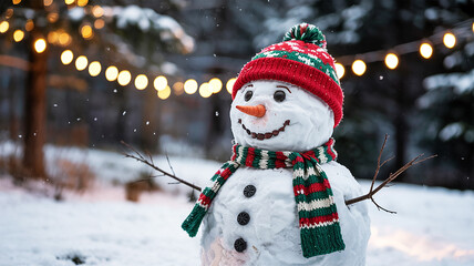 Festive snowman wearing scarf and hat in a winter wonderland illuminated by string lights