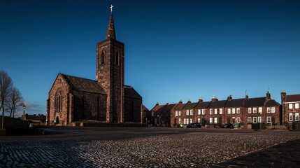 Architectural scene of a church and townhouses.