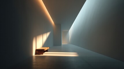 Minimalist hallway contains a single narrow bench against pale gray walls with indirect lighting and linear shadows across the floor 