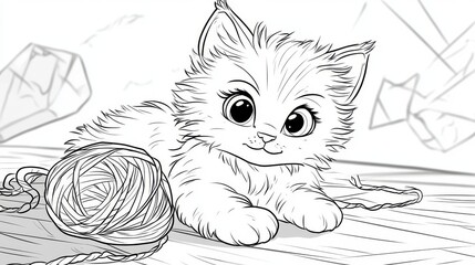 sketch of a kitten playing knitting ball