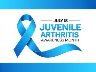 July is juvenile arthritis awareness month with blue ribbon on white background and blue border design