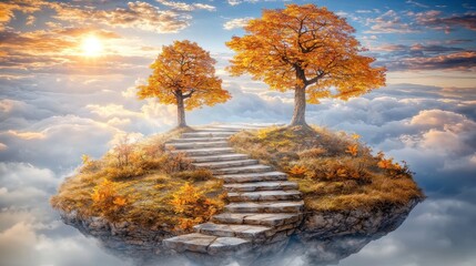 Floating island with autumn trees and stone steps reaching the sky.