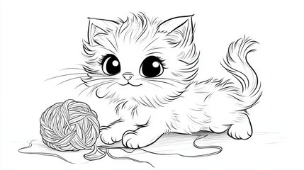 sketch of a kitten playing knitting ball