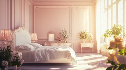 Elegant pink bedroom with detailed molding, plush bed, soft light, and floral decor. Natural light enhances the calm and delicate feel