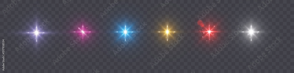 Poster Glowing colorful glare of light on transparent background. Blurred vector collection of sparkles. Explosive flash, sun, flare and bright refraction of light.
