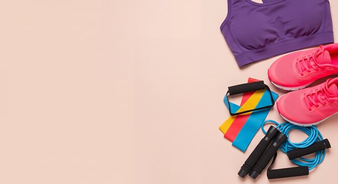  Colorful Fitness Essentials Flat Lay - Workout Clothes and Exercise Gear