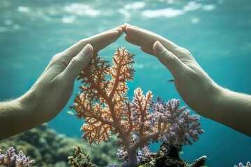hand protect coral reef underwater. Sea life protection