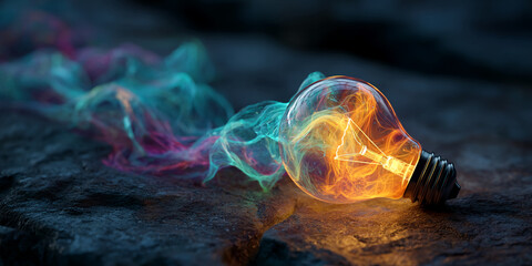 Glass lightbulb filled with orange and teal smoke, rests on dark rock, symbolizing creativity, innovation, and bright ideas