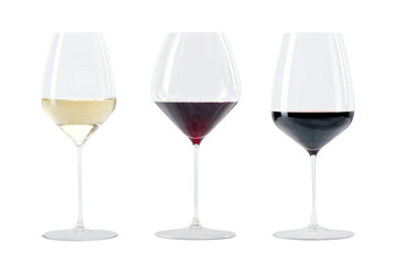 Three wine glasses filled with white, red, and dark red wine, neatly arranged on a transparent...