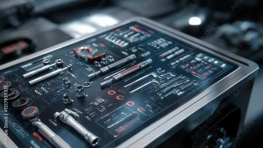 Poster advanced engineering workbench featuring digital interface displaying technical schematics and mecha