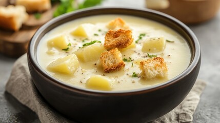 A comforting bowl of salmon soup with a rich creamy broth, soft potatoes, and crispy croutons, served on a gray concrete background.