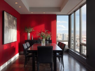 Fototapeta premium Red dining room with city views.