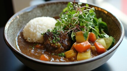 A comforting homemade dish of Japanese curry rice with a tender mini hamburger steak, served with a side of fresh salad.