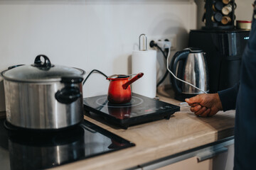 An elderly man interacting with appliances in a modern kitchen, heating water in a red kettle on an...