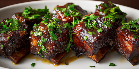 Close-up of braised beef short ribs, glazed, garnished with parsley, served on white plate.  Represents delicious food, fine dining, culinary artistry.