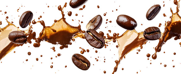Fototapeta premium Dramatic coffee bean splash on black background illustrating refreshment and energy