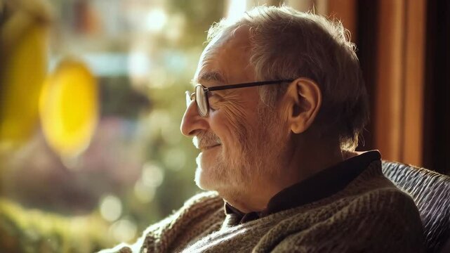 Zufriedener Senior schaut aus dem Fenster