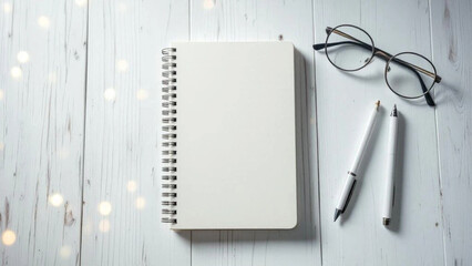 Notebook, pen and glasses on white wooden table