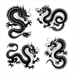 Fototapeta premium Chinese Dragon Icon Set: A striking collection of intricately detailed, monochromatic Chinese dragon icons, perfect for cultural or design projects. These powerful symbols of wisdom, strength.