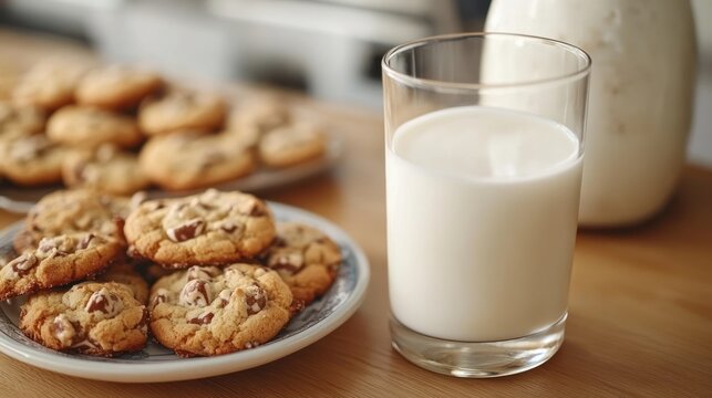 Freshly baked chocolate chip cookies and a glass of milk