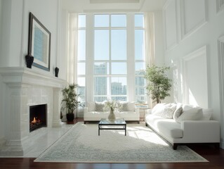 Fototapeta premium Bright, spacious living room with a modern fireplace.