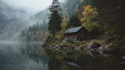 Obraz premium Secluded Wooden Cabin by Misty Lake in Autumnal Forest Serene Nature Scene