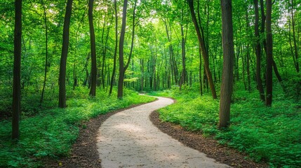 Fototapeta premium A peaceful walkway surrounded by fresh green trees extends into the heart of a lush forest park.
