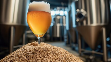 Golden beer in a glass, atop a pile of grains, in a brewery