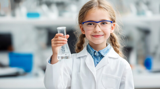 Smiling science little child in laboratory uniform wearing glasses, holding a science beaker on hands, looking at camera while standing in laboratory. Scientist kid learning chemical lab
