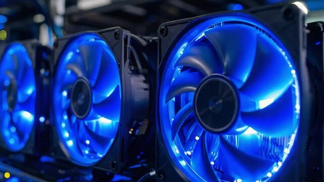 Mesmerizing Blue Spinning PC Cooling Fans with LED Illumination - 4K Time-Lapse Animation