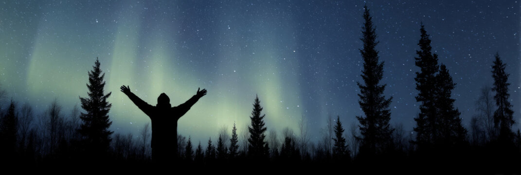 Gazing under celestial auroras, a silhouetted figure craves cosmic connection, invoking Nordic folklore and Winter Solstice mystique