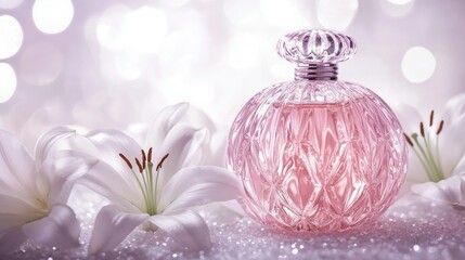 A romantic perfume concept featuring a blush pink bottle, surrounded by white lilies on a delicate light background.
