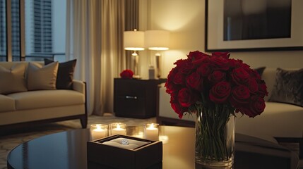 A romantic proposal setup in a living room, with an engagement ring inside a box, candles, and a bouquet of roses on the table.