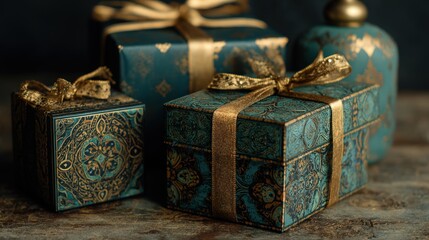 Luxurious Teal and Gold Gift Boxes with Intricate Designs Perfect for Holiday or Special Occasion
