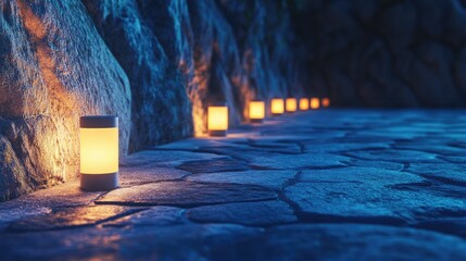 Obraz premium A row of LED garden lights lining a stone pathway, modern outdoor illumination for safety and aesthetics.