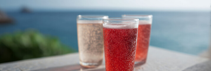 Effervescent ruby-hued elixirs glisten in seaside sun, evoking Midsummer revelry and the effervescent allure of Carnival escapades