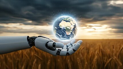 Robotic hand holding earth globe in wheat field - Powered by Adobe