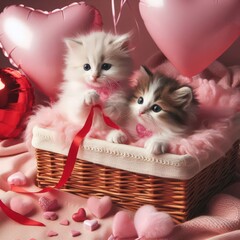 Adorable Kittens in Basket with Pink Heart Balloons
