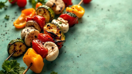 Grilled kebab on stick with mushrooms and vegetables