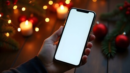 A person holds a smartphone with a blank screen, standing in front of a decorated Christmas tree.