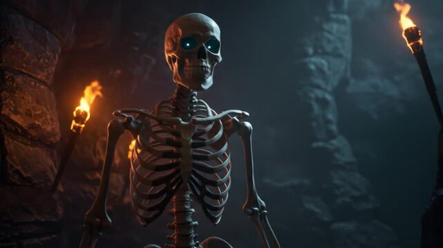 Skeleton figure in dark cave with torches